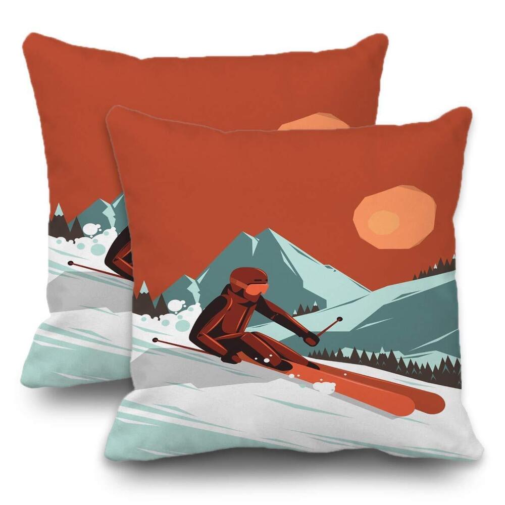 5556 Winter Pillow Covers 18x18 Inch Set of 2, with Mountains Ski Retro